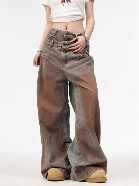 GKIKZ DOUBLE WAISTBAND VINTAGE GRADIENT JEAN PANTS