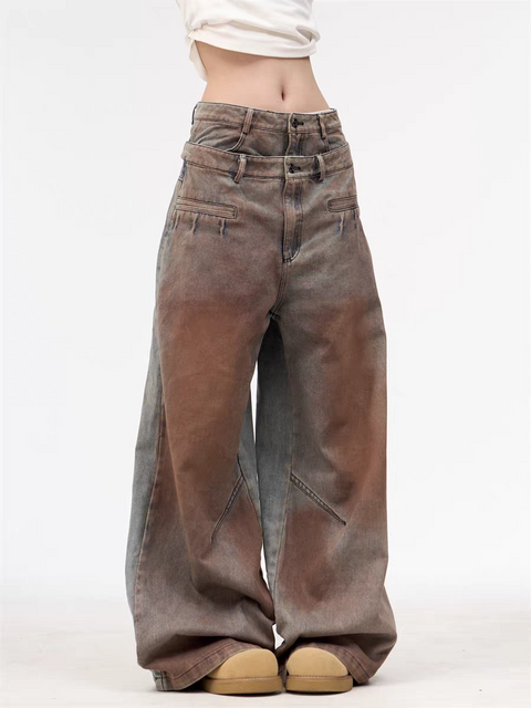 GKIKZ DOUBLE WAISTBAND VINTAGE GRADIENT JEAN PANTS