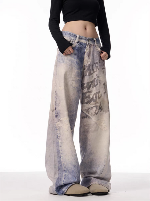 GKIKZ VINTAGE WASHED GRAFFITI WIDE-LEG PANTS
