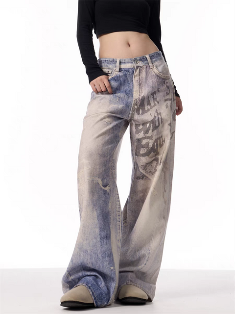 GKIKZ VINTAGE WASHED GRAFFITI WIDE-LEG PANTS