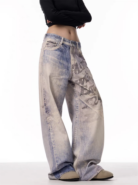 GKIKZ VINTAGE WASHED GRAFFITI WIDE-LEG PANTS