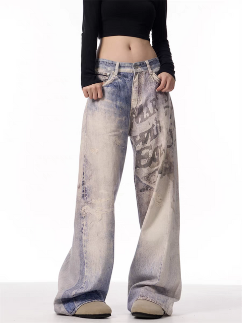 GKIKZ VINTAGE WASHED GRAFFITI WIDE-LEG PANTS