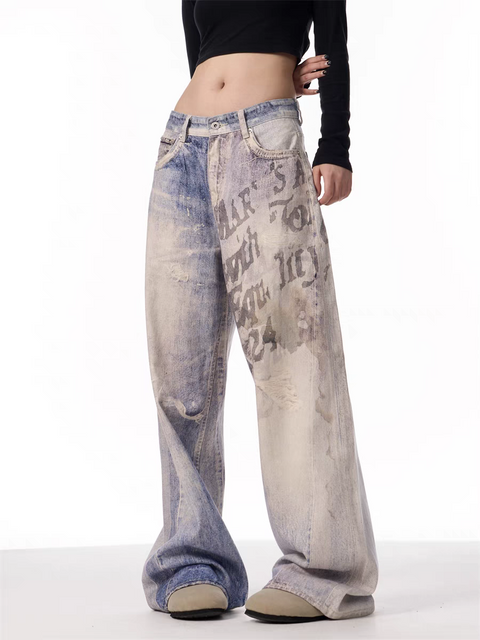 GKIKZ VINTAGE WASHED GRAFFITI WIDE-LEG PANTS