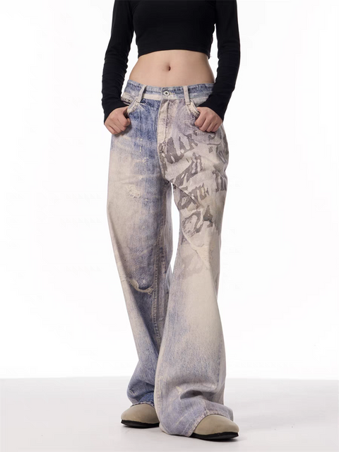 GKIKZ VINTAGE WASHED GRAFFITI WIDE-LEG PANTS