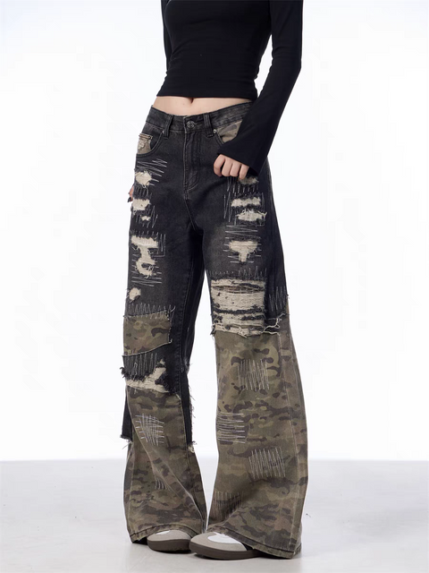 GKIKZ PATCHWORK CAMOUFLAGE WIDE-LEG PANTS