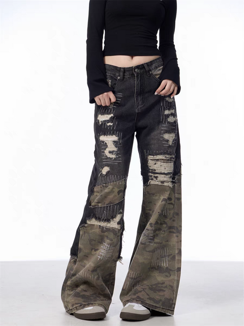 GKIKZ PATCHWORK CAMOUFLAGE WIDE-LEG PANTS