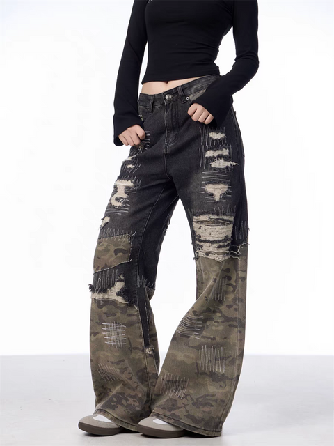 GKIKZ PATCHWORK CAMOUFLAGE WIDE-LEG PANTS