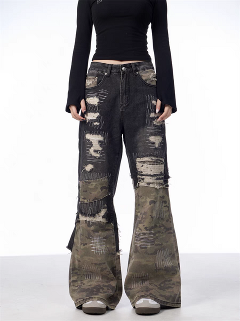 GKIKZ PATCHWORK CAMOUFLAGE WIDE-LEG PANTS