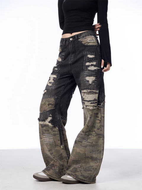 GKIKZ PATCHWORK CAMOUFLAGE WIDE-LEG PANTS
