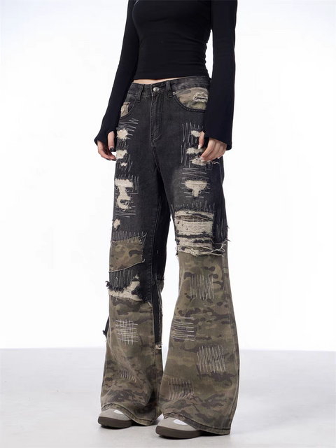 GKIKZ PATCHWORK CAMOUFLAGE WIDE-LEG PANTS