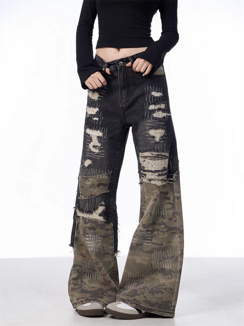 GKIKZ PATCHWORK CAMOUFLAGE WIDE-LEG PANTS