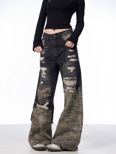 GKIKZ PATCHWORK CAMOUFLAGE WIDE-LEG PANTS
