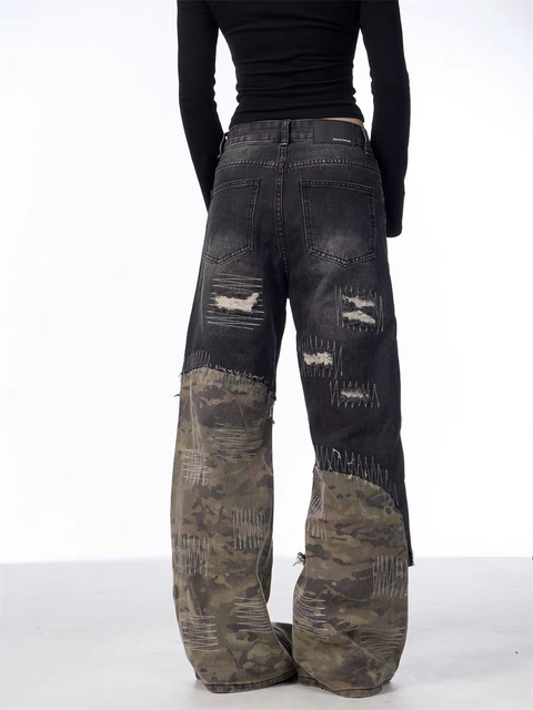 GKIKZ PATCHWORK CAMOUFLAGE WIDE-LEG PANTS