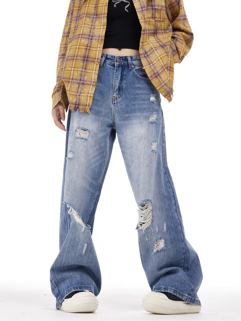 GKIKZ VINTAGE WASH RIPPED WIDE-LEG JEAN PANTS