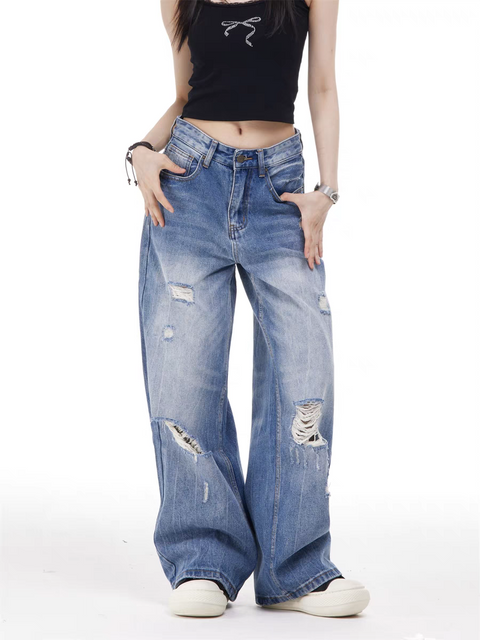 GKIKZ VINTAGE WASH RIPPED WIDE-LEG JEAN PANTS