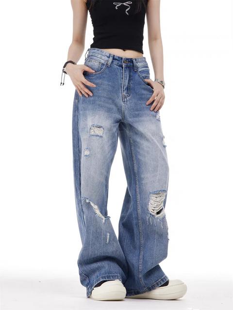 GKIKZ VINTAGE WASH RIPPED WIDE-LEG JEAN PANTS