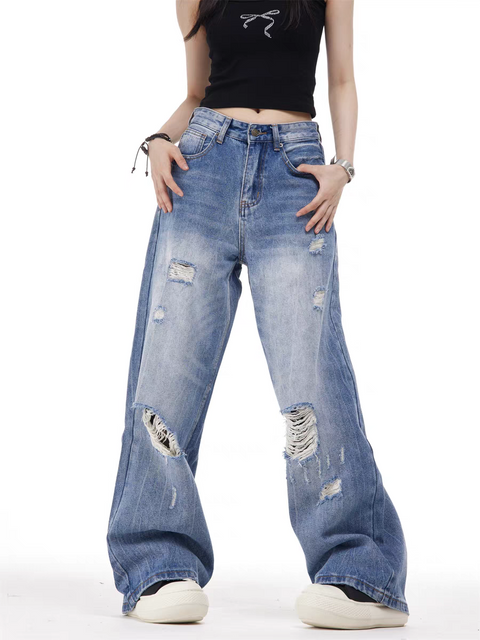 GKIKZ VINTAGE WASH RIPPED WIDE-LEG JEAN PANTS