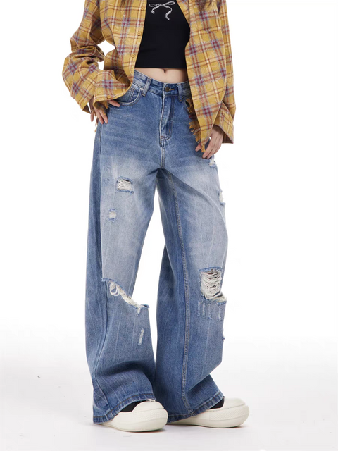 GKIKZ VINTAGE WASH RIPPED WIDE-LEG JEAN PANTS