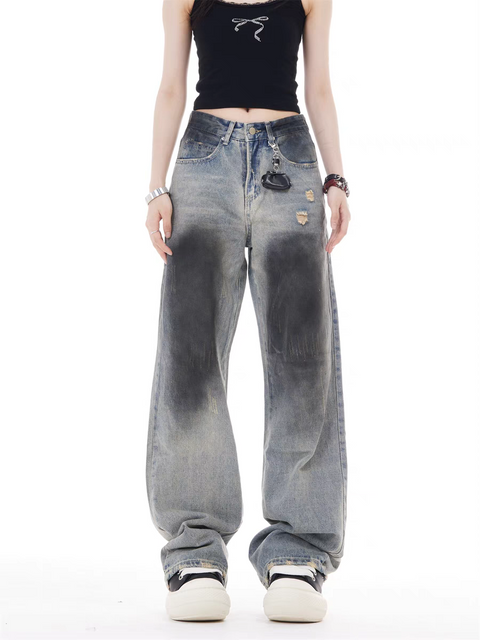 GKIKZ VINTAGE FADE DISTRESSED WIDE-LEG JEAN PANTS
