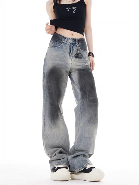 GKIKZ VINTAGE FADE DISTRESSED WIDE-LEG JEAN PANTS