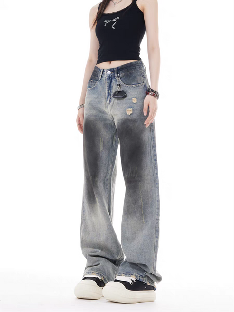 GKIKZ VINTAGE FADE DISTRESSED WIDE-LEG JEAN PANTS