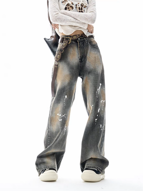 GKIKZ PAINT-SPLATTER WASHED WIDE-LEG JEAN PANTS