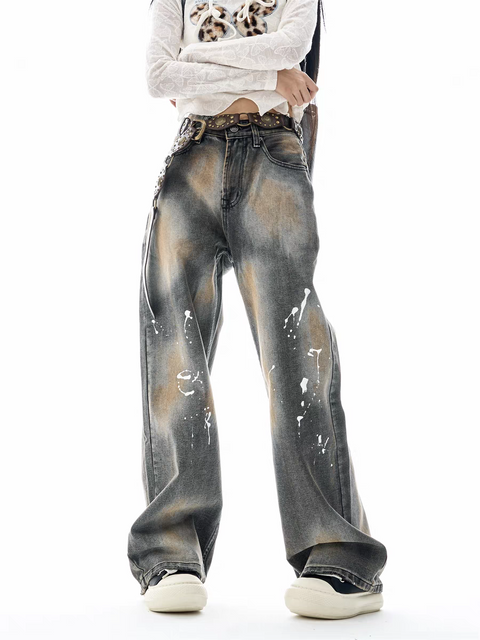 GKIKZ PAINT-SPLATTER WASHED WIDE-LEG JEAN PANTS
