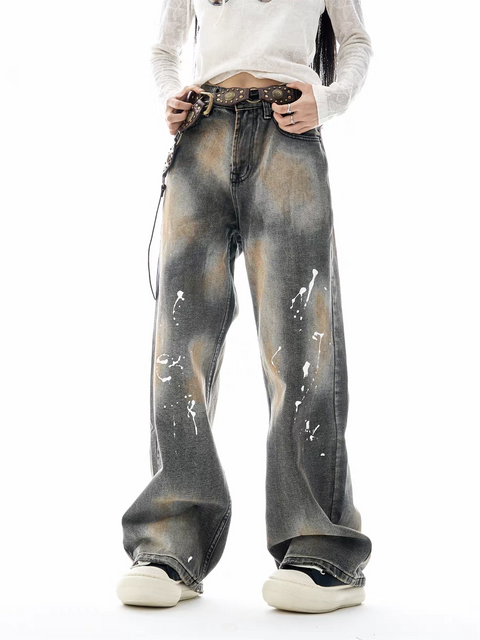 GKIKZ PAINT-SPLATTER WASHED WIDE-LEG JEAN PANTS
