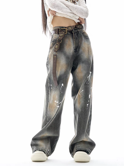 GKIKZ PAINT-SPLATTER WASHED WIDE-LEG JEAN PANTS