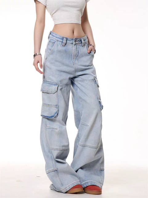 GKIKZ LIGHT BLUE UTILITY CARGO DENIM PANTS