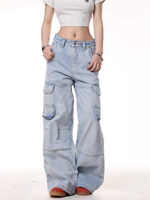 GKIKZ LIGHT BLUE UTILITY CARGO DENIM PANTS