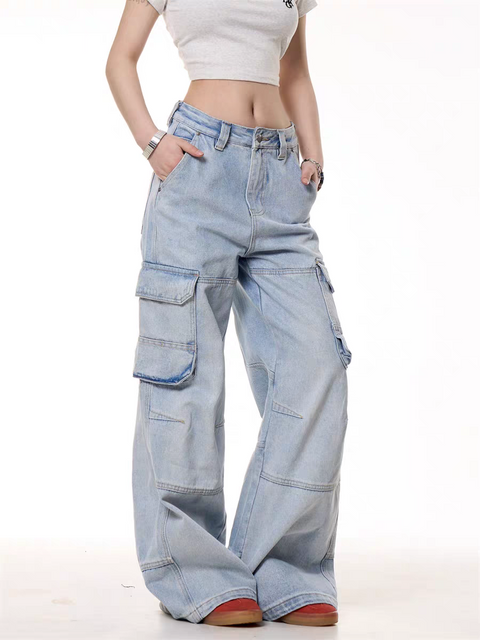 GKIKZ LIGHT BLUE UTILITY CARGO DENIM PANTS