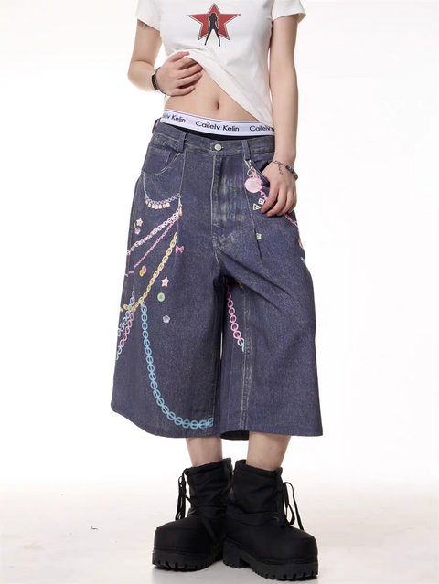 GKIKZ CHAIN REACTION GRAPHIC DENIM JORTS