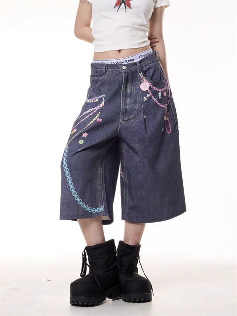 GKIKZ CHAIN REACTION GRAPHIC DENIM JORTS