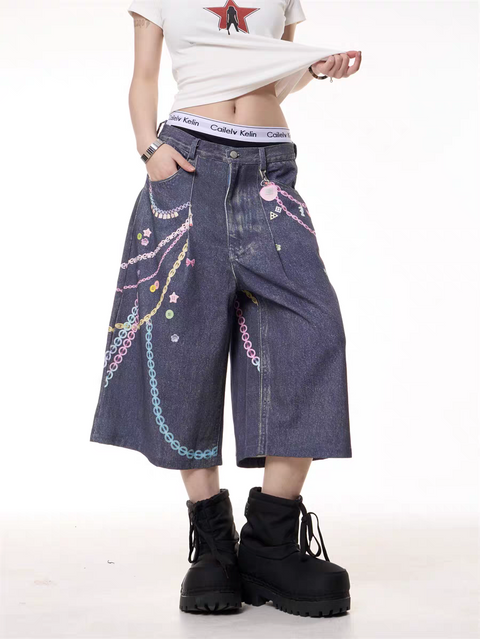 GKIKZ CHAIN REACTION GRAPHIC DENIM JORTS