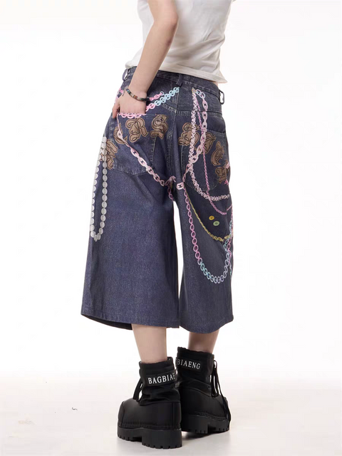 GKIKZ CHAIN REACTION GRAPHIC DENIM JORTS