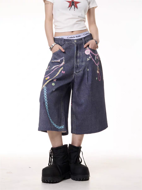 GKIKZ CHAIN REACTION GRAPHIC DENIM JORTS