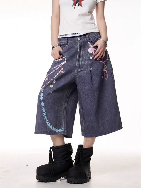 GKIKZ CHAIN REACTION GRAPHIC DENIM JORTS