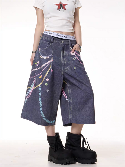 GKIKZ CHAIN REACTION GRAPHIC DENIM JORTS