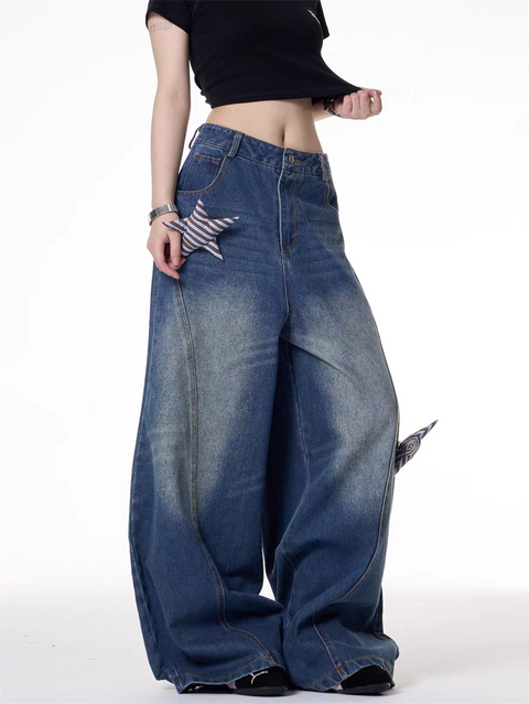 GKIKZ 3D STARS FOLD WIDE-LEG JEAN PANTS