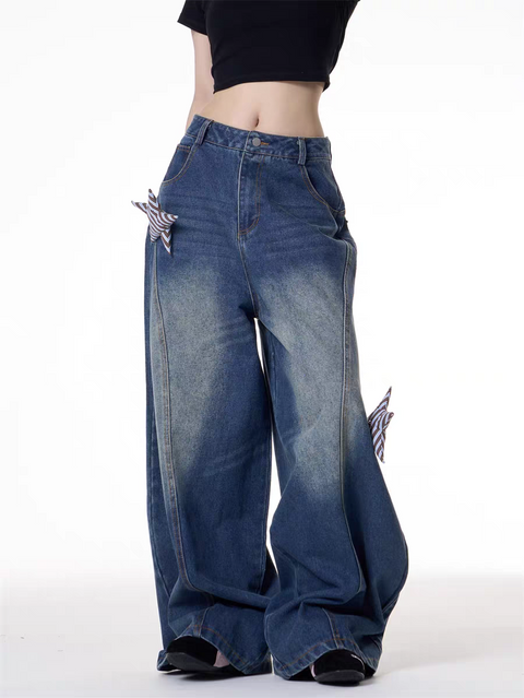 GKIKZ 3D STARS FOLD WIDE-LEG JEAN PANTS
