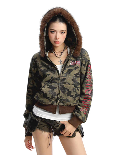GKIKZ CAMOUFLAGE REVERSIBLE FAUX FUR HOODED JACKET