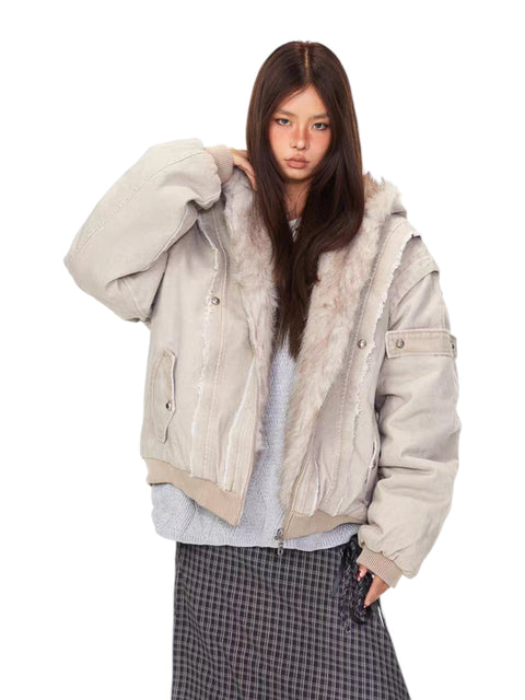 GKIKZ VINTAGE DISTRESSED FUR HOODED JACKET
