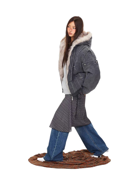 GKIKZ VINTAGE DISTRESSED FUR HOODED JACKET