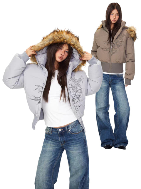 GKIKZ FAUX FUR-LINED COTTON HOODED PUFFER JACKET
