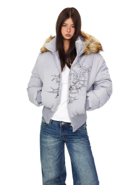 GKIKZ FAUX FUR-LINED COTTON HOODED PUFFER JACKET