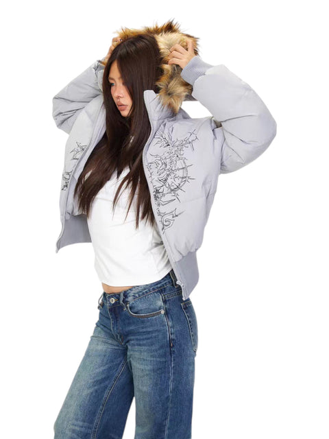 GKIKZ FAUX FUR-LINED COTTON HOODED PUFFER JACKET