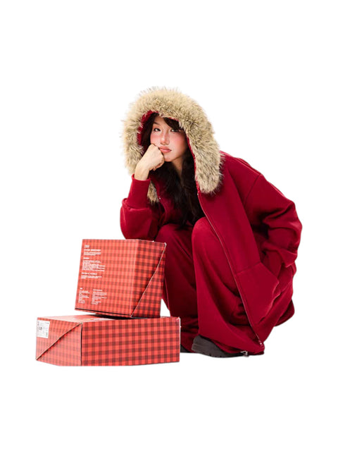 Fur-Hooded Cotton Street Set – Brick Red Full Body Set