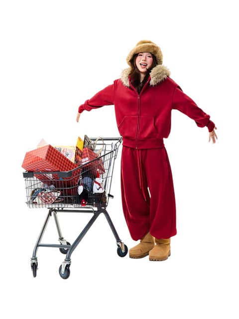 Fur-Hooded Cotton Street Set – Brick Red Full Body Set