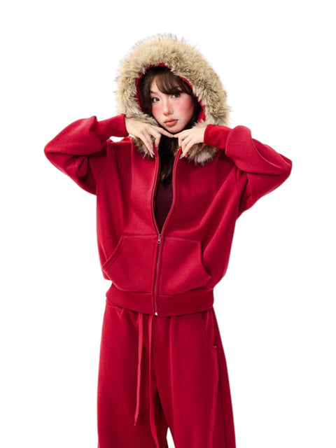 Fur-Hooded Cotton Street Set – Brick Red Full Body Set